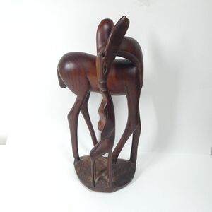 Carved Wood Statue Gazelle Antelope & Baby Figure 13" Vintage MCM